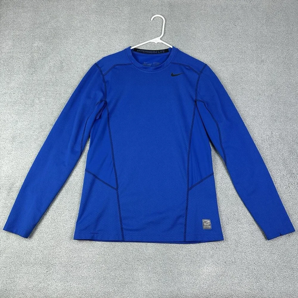 Nike Pro Combat Hyperwarm Shirt Mens M Blue Dri Fit Compression‎ Athletic READ*